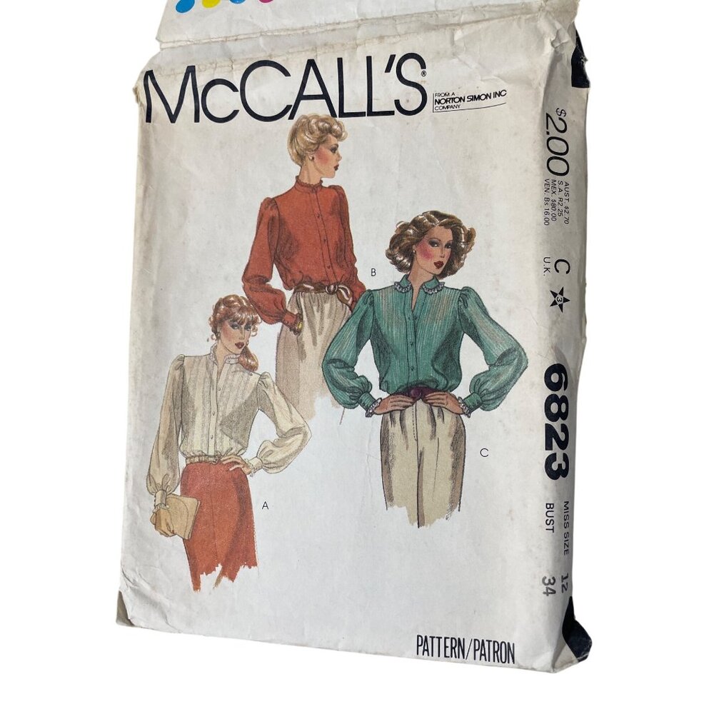 70s McCalls 6823Blouses Sewing Pattern Size 12 Vintage 1979 Dressmaking CUT